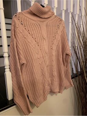 Vine & Love Blush Pink Cable-Knit Turtleneck Sweater